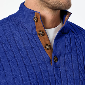 Suéter de Punto Azul para Hombre, Cierre de Botones, Color Sólido, Jersey de Invierno, Material de Lana Gruesa - Product Image 5