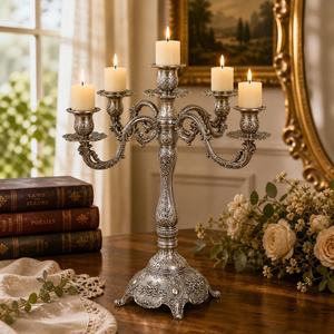 Antique Silver Candelabra 5 Arms Decorative Home <b>Lighting</b> Ornament 44cm Height Heat Resistant Durable Design - Product Image 2