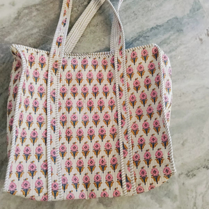 Indian Handblock Print Quilted Tote <b>Bag</b> Cotton Zipper Travel <b>Bag</b> Shopping Shoulder <b>Bag</b> Handmade Ethnic Carry <b>Bag</b> - Product Image 1