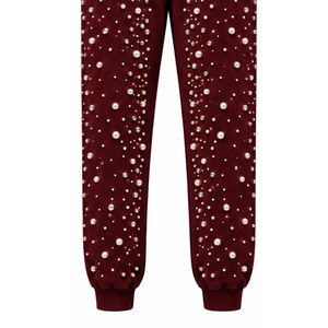 Burgundy Pearl Beaded <b>Jogger</b> Pants <b>Women</b> Luxury Embellished Drawstring Sweatpants Casual Streetwear Fleece Trousers With Pockets - Product Image 5