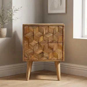 Table de chevet vintage en bois massif sculpté en forme de cube, avec deux tiroirs, meuble d'appoint rustique pour chambre à coucher - Product Image 6
