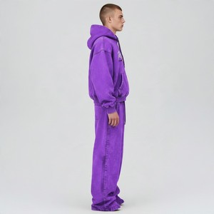 Ensemble de survêtement homme personnalisé délavé à l'acide avec sweats à capuche effet vieilli, pantalon de survêtement évasé en coton 380 g/m² et ensembles de jogging imprimés - Product Image 3