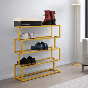 Designer Gold <b>Shoe</b> Rack Multi Tier Geometric <b>Storage</b> Organizer Space Saving Layout Strong Frame Stylish Modern Entryway Display - Product Image 3