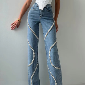 Women's Blue Wide Leg <b>Jeans</b> High Waist Rhinestone <b>Chain</b> Decorated Baggy Straight Denim Pants Streetwear - Product Image 2