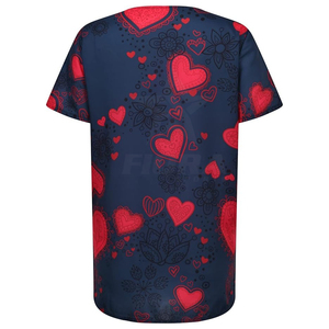 Custom Women’s Red Heart Print Medical Scrubs Top V-Neck Short Sleeve <b>Nurse</b> Uniform with Pockets Hospital - Product Image 3