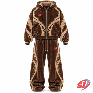 Ensemble de survêtement personnalisé en velours 280 GSM avec strass, sweat à capuche et pantalon, couleur Mocha Désert, Monogramme, Mode Velours Lounge - Product Image 1