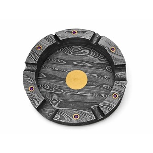 Cendrier de bureau rond en acier Damas avec incrustations dorées et accents de pierres précieuses violettes, décoration moderne pour la maison - Product Image 3