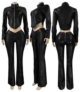Ensemble deux pièces en similicuir PU pour femme, tenue de sport automne, veste zippée à manches longues, haut court, pantalon respirant, streetwear - Product Image 1