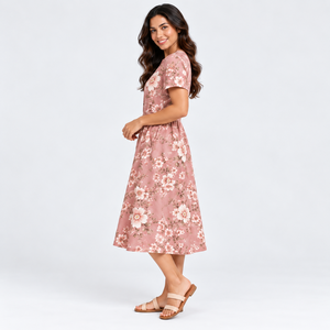 Women's Pink Floral Midi <b>Dress</b> Short Sleeve Split Neck A Line Casual Summer <b>Pocket</b> <b>Dress</b> Wholesale OEM Boutique Fashion Garments - Product Image 2