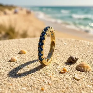 Elegante Anillo de Media Eternidad con Zafiro Azul Cultivado en Laboratorio en Oro Amarillo de 14k para Mujeres y Niñas - Product Image 2