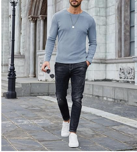 Chemise décontractée à manches longues pour homme, bleu clair, tricotée, couleur unie, col en V, manches longues, vêtement d'automne, tissu en coton, anti-boulochage - Product Image 6