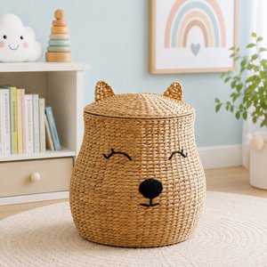 Eco Friendly Water Hyacinth Bear <b>Toy</b> <b>Storage</b> <b>Basket</b> Handmade Woven Nursery Organizer <b>Basket</b> with Lid for Kids Room - Product Image 5