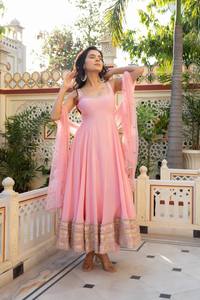 Moti Dori Natural Crepe Anarkali Dress With Mirror Work Georgette Veil And Cotton Pant Heritage Style Festive Ensemble - Product Image 3
