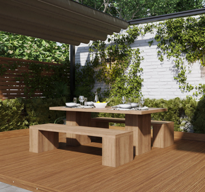 Ensemble de table à manger d'extérieur en teck massif moderne avec banc, finition naturelle, meubles de jardin pour villa, resort, café - Product Image 1