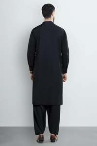 Men's <b>Black</b> Cotton Kurta <b>Pajama</b> <b>Set</b> Knee-Length Regular Fit Traditional Casual Wear India Pakistan Style Wrinkle Free Breathable - Product Image 2
