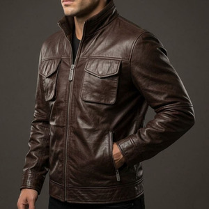 Men's Genuine Leather Jacket Brown Stand Collar Moto Style Zipper Closure Regular Fit Autumn Wear Winter Leather <b>Coat</b> - Product Image 3