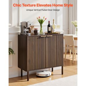 Meuble de bar à café en bois massif de style mid-century, buffet à 2 niveaux avec porte coulissante - Product Image 2