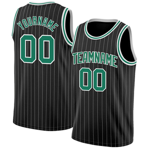 Maillot de basket personnalisable avec nom d'équipe, noir et vert à rayures fines, impression par sublimation, débardeur unisexe adulte en maille respirante - Product Image 2