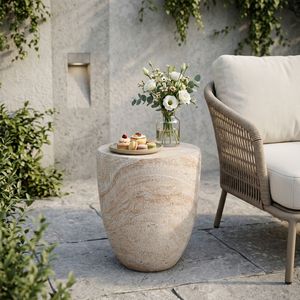 Lightweight Outdoor/Indoor Concrete <b>Side</b> <b>Table</b> with <b>Travertine</b> Finish - Product Image 1