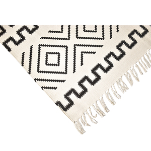 Tapis d'intérieur en laine tissé à la main, motif grec géométrique, tissage plat, noir ivoire, à poils ras, franges bohèmes, pour décoration de salon - Product Image 3