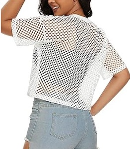 เสื้อยืดตาข่ายซีทรูสีขาว บริการ OEM สำหรับขาย ผลิตตามสั่ง ทรงหลวม ไซส์ใหญ่ คอกลม เสื้อยืดผู้หญิงเนื้อผ้าบาง - Product Image 5