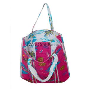 กระเป๋าผ้าฝ้ายเย็บมือลายดอกไม้พิมพ์ลายบล็อกอินเดีย หูหิ้วยาว สำหรับผู้หญิง เหมาะสำหรับการช้อปปิ้งและพกพา - Product Image 3