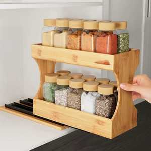 2 Tier Bamboo Corner Spice Rack Organizer Revolving Lazy Susan <b>Kitchen</b> Countertop <b>Storage</b> Shelf Standing Wood Seasoning Holder - Product Image 2