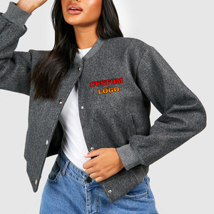 Chaqueta Corta de Mujer a Cuadros de Lana Acolchada Estilo Universitario Streetwear con Cuello Alto y Mangas Largas con Bordado de Béisbol - Product Image 1