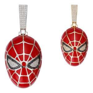 Spider Man <b>Mask</b> Pendant Gold Plated Red Enamel Rhinestone <b>Eyes</b> Themed Charm Unisex Hiphop Fashion Jewelry - Product Image 3