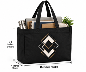 Sac fourre-tout en toile noire à motif géométrique en losanges, sac à main réutilisable pour le shopping quotidien et les voyages - Product Image 3