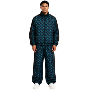 Men Geometric Print Knitted Tracksuit Set <b>Stand</b> Collar Full Zip Jacket Pants Breathable Satin Fabric Street Style Autumn Wear - Product Image 1