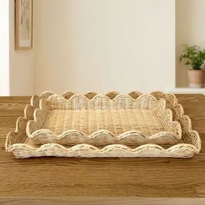 Scalloped Wicker Storage Tray Bohemian Design Stackable Unfinished Single Tier for <b>Table</b> Neatening and Organization - Product Image 3