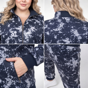 Ensemble de survêtement imprimé grande taille pour femme, 100 % coton molletonné, veste à col montant et pantalon décontracté, tenue d'hiver - Product Image 6