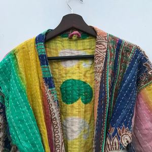 Recién llegado, chaqueta Kantha de algodón indio, chaqueta de edredón Kantha Vintage, Kimono largo clásico con cinturón y chaqueta de mujer de cuello grande - Product Image 4