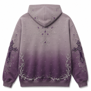 Custom Y2K Rhinestone Hoodie Men Heavyweight Cotton Vintage Ombre Wash Cross Graphic Purple Oversized <b>Punk</b> Streetwear Pullover - Product Image 5