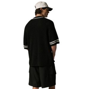 Men Crochet Knitted Baseball <b>Shirt</b> Short Sleeve Button Down Stripe Trim Casual Knit Top OEM Wholesale Supply - Product Image 5