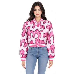 Chaqueta Varsity con Estampado de Llamas Rosas, Cuello Camisero, Manga Larga, Impresión Digital, Material de Poliéster, Corta, para Mujer - Product Image 4