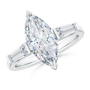 Anillo de Oro Blanco de 18K con Diamante Cultivado en Laboratorio Corte Marquesa y Piedras Laterales Baguette, Certificado IGI FG VS, Personalizado para Novia - Product Image 1