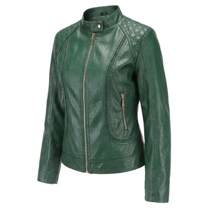 Chaqueta de Motocicleta de Cuero Sintético Verde para Mujer, Cuello Alto, Cierre de Cremallera, Hombros Acolchados, Ropa de Abrigo para Otoño - Product Image 1