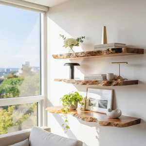 Solid Wood <b>Adjustable</b> Modern Floating Wall <b>Shelves</b> Heavy Duty Storage Display Ledge Rack Black Metal Brackets Living Room - Product Image 4
