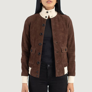 Chaqueta Varsity de Gamuza Marrón para Mujer con Cuello Alto, Manga Larga y Cierre de Botones para Otoño - Product Image 3