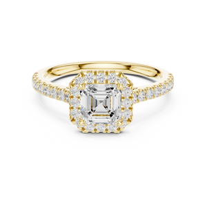 แหวนทองคำ 14k สีเหลือง ประดับเพชรทรง Asscher ที่เพาะเลี้ยงในห้องปฏิบัติการ พร้อมเพชรฝังรอบวงแบบ Pave ครึ่งวง สำหรับงานแต่งงานหรืองานเลี้ยง - Product Image 3