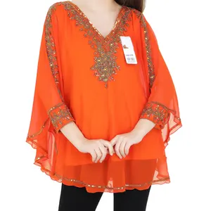 Trendy Fancy Model Dubai Arabic Evening Wear Short Hand Beaded Kaftan with Long Sleeves Moroccan Style Muslim Party Caftan