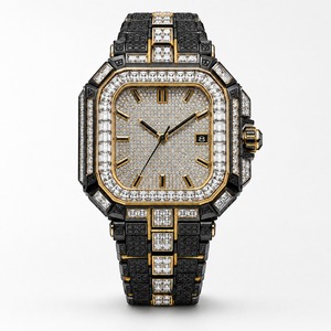 Reloj de lujo con diamantes para hombre, caja cuadrada de oro amarillo, correa de acero inoxidable, indicador de fecha analógico de cuarzo - Product Image 6