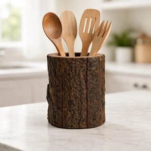 wooden cutlery stand <b>storage</b> holder utensil organizer spoon fork knife <b>kitchen</b> countertop rustic wood box - Product Image 2