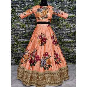 Magnifique Lehenga Choli brodé de créateur de vêtements de fête de couleur pêche - Product Image 5