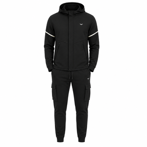 Men's Black Hooded Tracksuit Set Full Sleeve <b>Zipper</b> <b>Jacket</b> Pants Solid Color Sporty Slim Fit Summer Wear Acid Wash Printed - Product Image 1