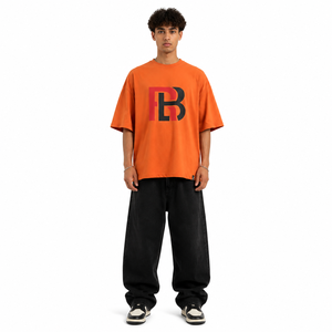 T-shirt oversize orange à épaules tombantes avec logo RB imprimé, style streetwear, manches courtes, jersey de coton, t-shirt tendance pour homme - Product Image 1