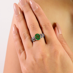 Anillo de Plata de Ley 925 Hecho a Mano con Estilo Art Deco, con Esmeralda Natural y Zafiro Azul, Joyería Fina - Product Image 2