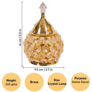 Lampe décorative Deepam ovale en laiton et cristal, artisanale, traditionnelle, pour Pooja, lampe à huile pour la décoration de la maison et du temple, cadeaux - Product Image 2